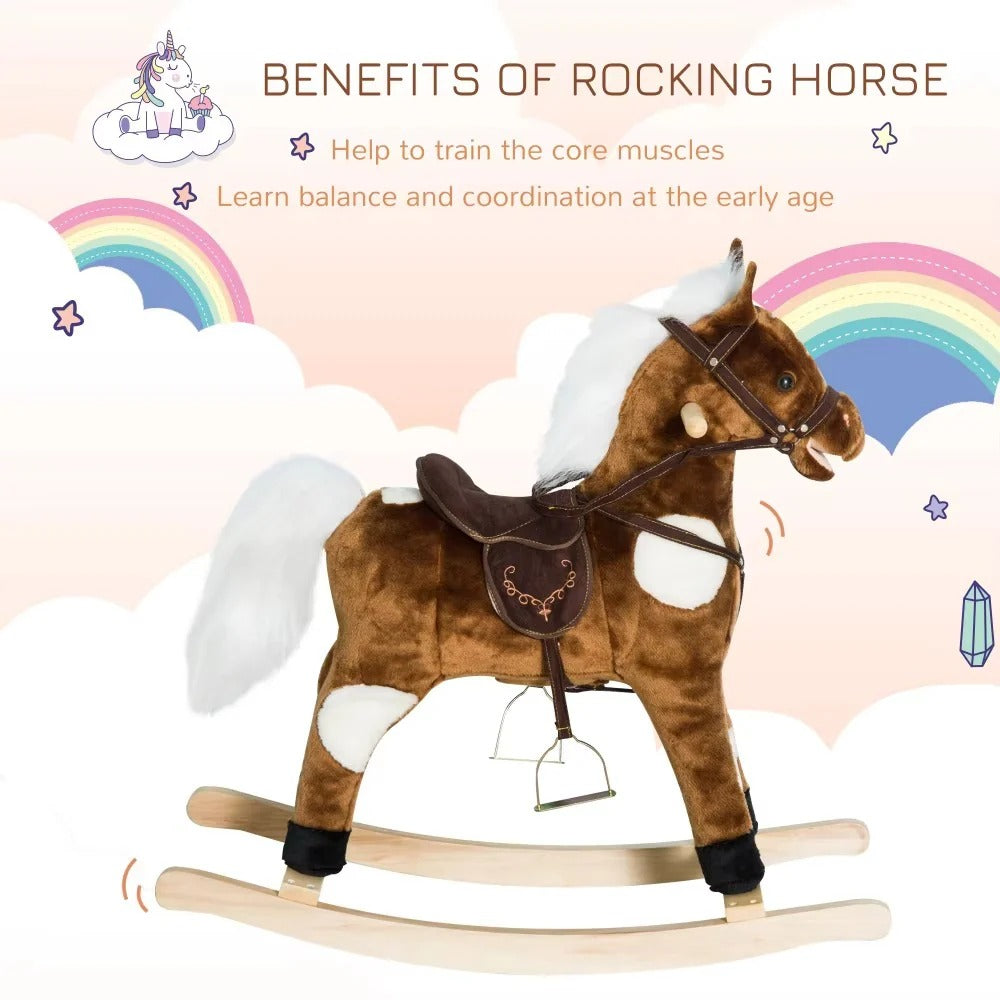 Plush Rocking Horse Ride-On Toy with Built-In Music