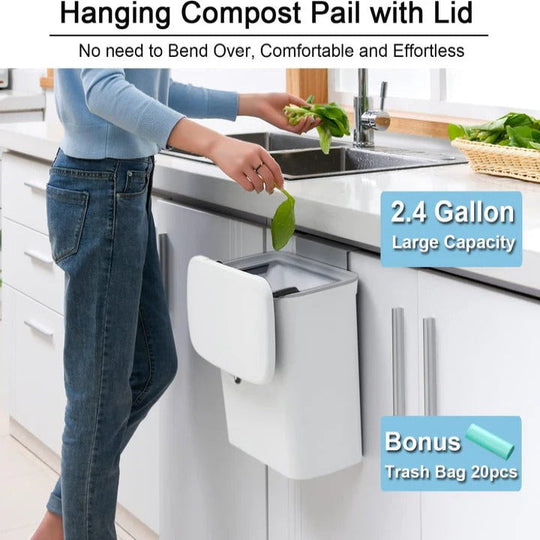 Plastic Kitchen Compost Bin with Over Door and Adhesive Mounting