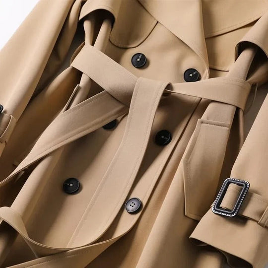 Trench Coat with Adjustable Waist Belt and Front Button Closure