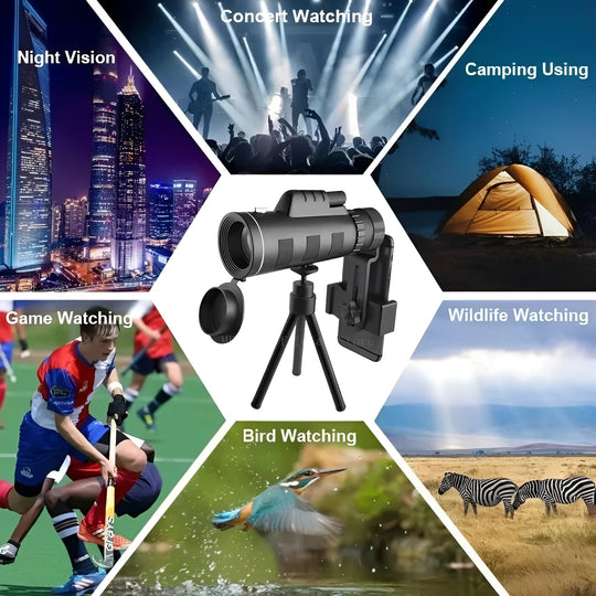 Portable 40x60 Monocular Telescope with Smartphone Adapter and Tripod