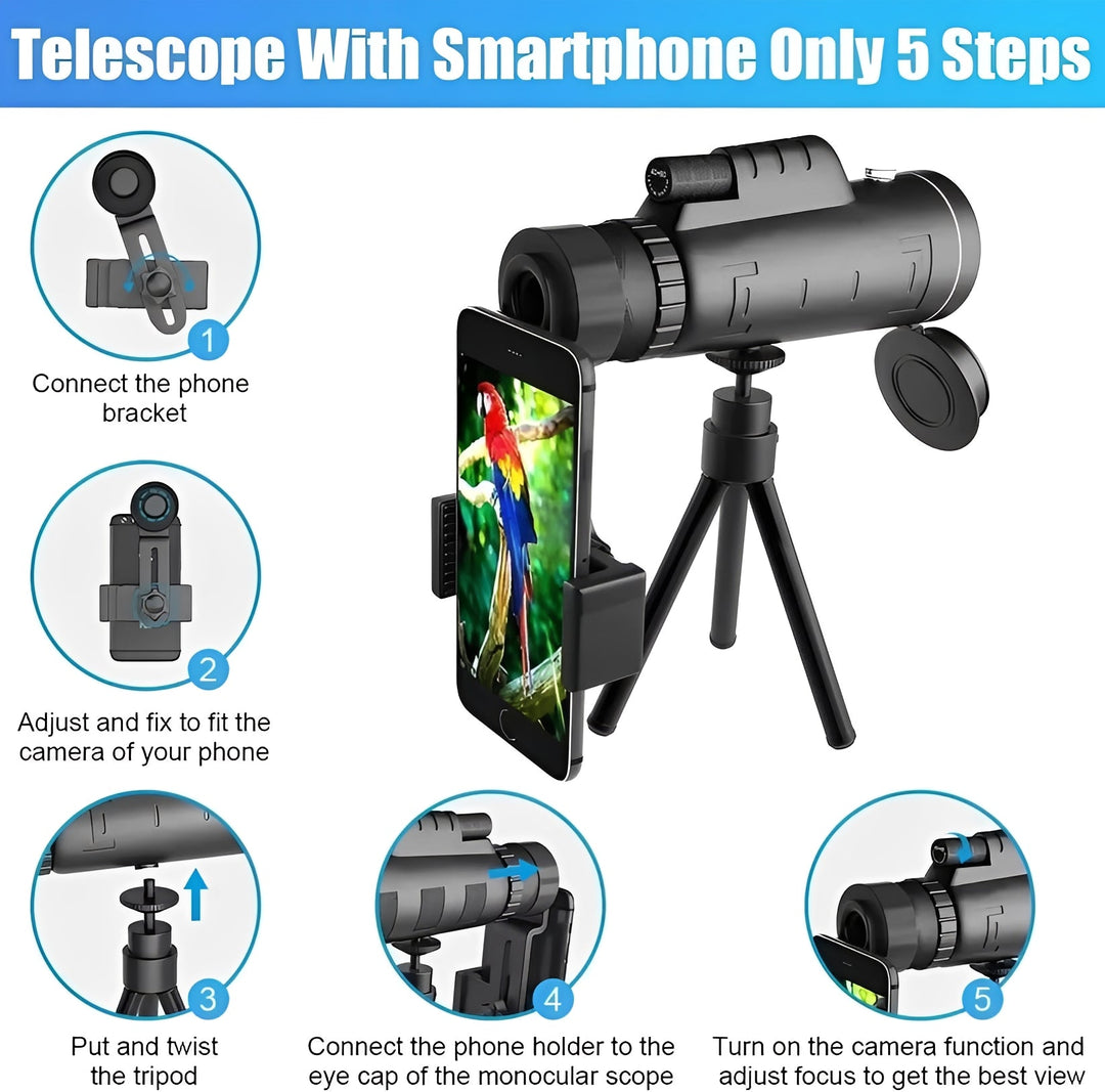 Portable 40x60 Monocular Telescope with Smartphone Adapter and Tripod