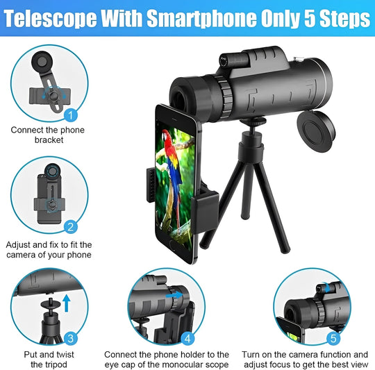 Portable 40x60 Monocular Telescope with Smartphone Adapter and Tripod