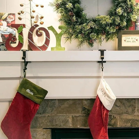 Adjustable Mantel Hook with Weighted Bases for Holiday Stockings and Greenery