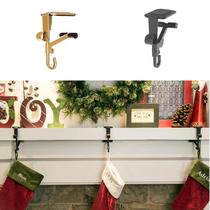 Adjustable Mantel Hook with Weighted Bases for Holiday Stockings and Greenery