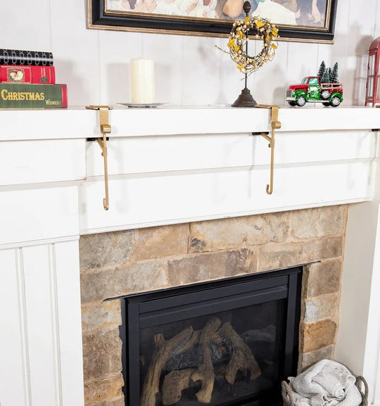 Adjustable Mantel Hook with Weighted Bases for Holiday Stockings and Greenery