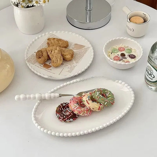 Ceramic Dinnerware with Pearl-Style Beaded Rim