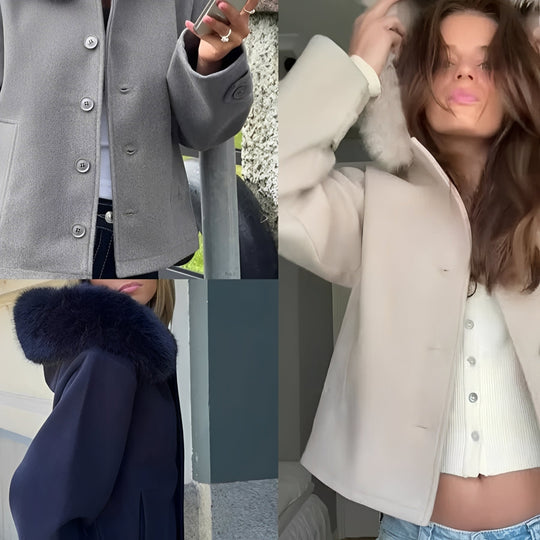 Women’s Wool Blend Coat with Removable Fur Collar and Button Closure