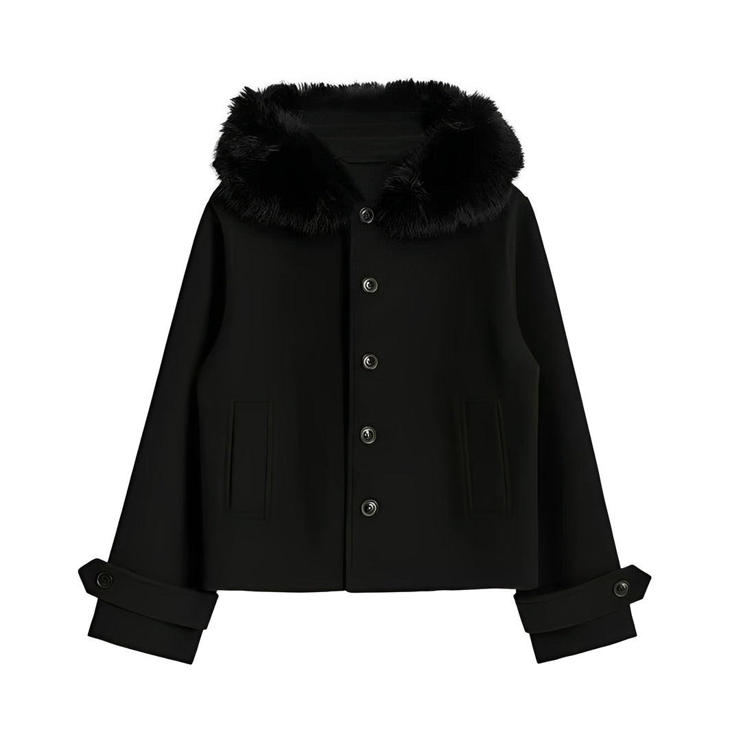 Women’s Wool Blend Coat with Removable Fur Collar and Button Closure