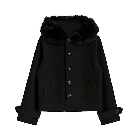 Women’s Wool Blend Coat with Removable Fur Collar and Button Closure