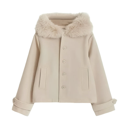 Women’s Wool Blend Coat with Removable Fur Collar and Button Closure