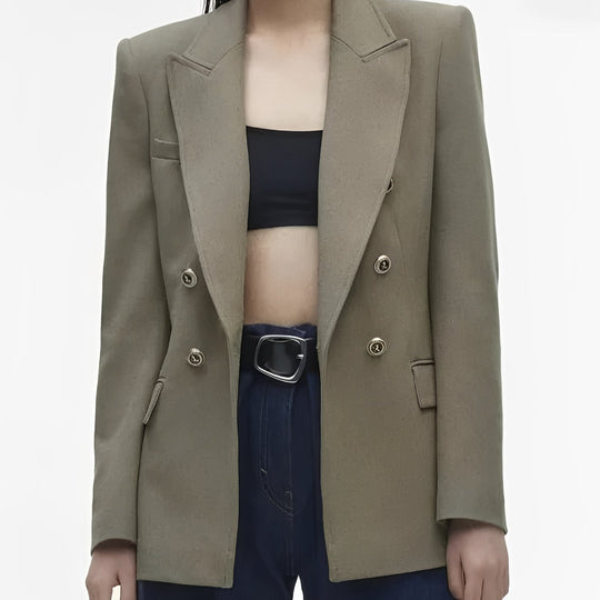 Women's Long Sleeve Button Front Blazer with V Neck Design