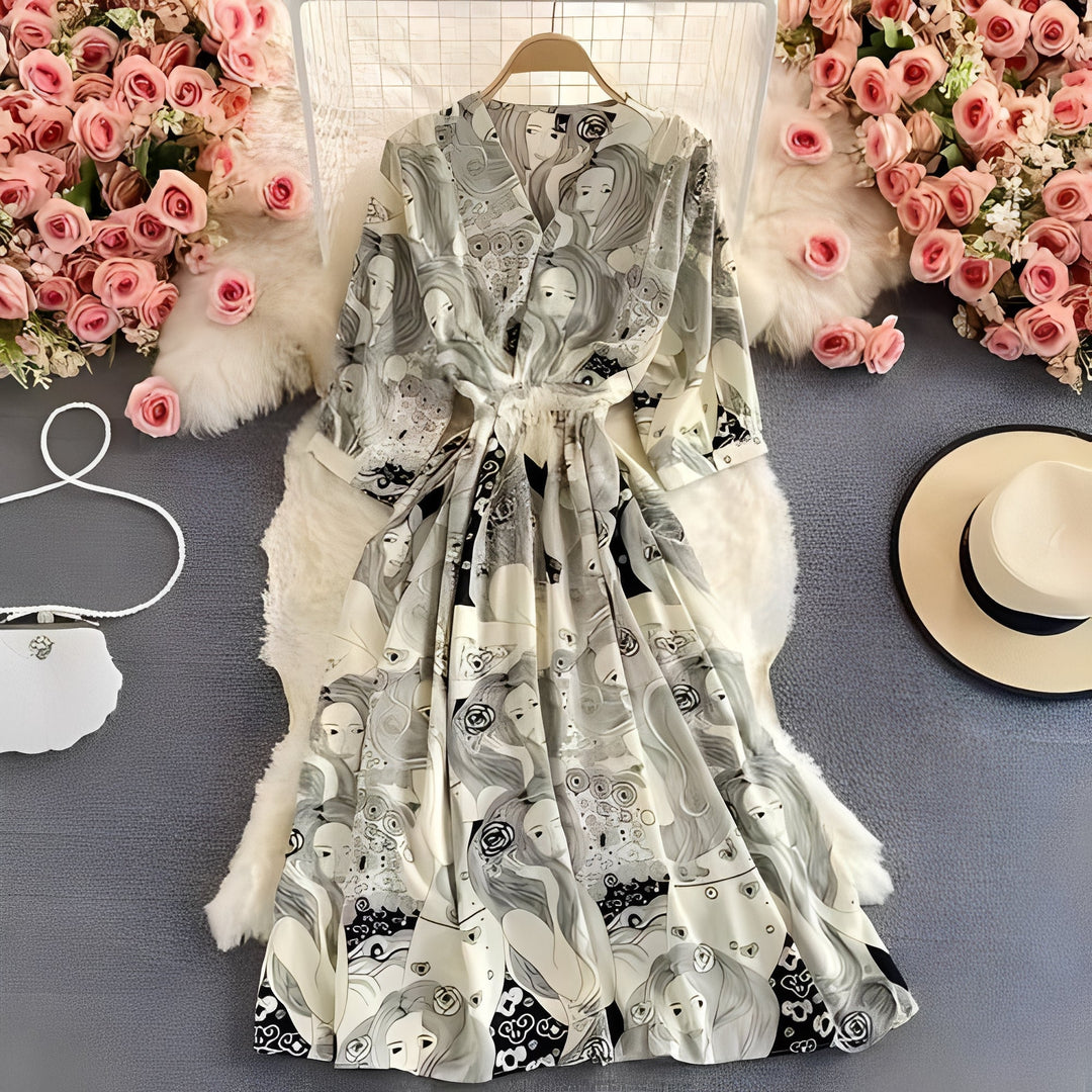 Floral Chiffon Summer Dress with V-Neck and Puff Sleeve Detail