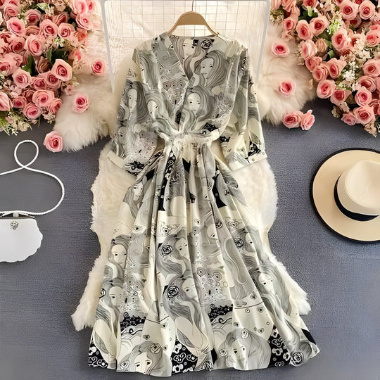 Floral Chiffon Summer Dress with V-Neck and Puff Sleeve Detail