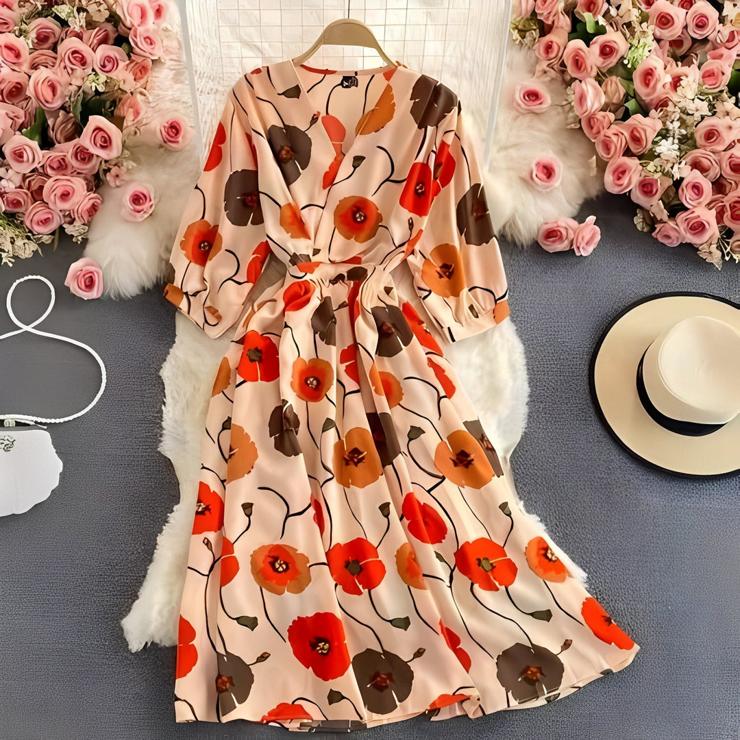Floral Chiffon Summer Dress with V-Neck and Puff Sleeve Detail