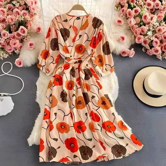 Floral Chiffon Summer Dress with V-Neck and Puff Sleeve Detail
