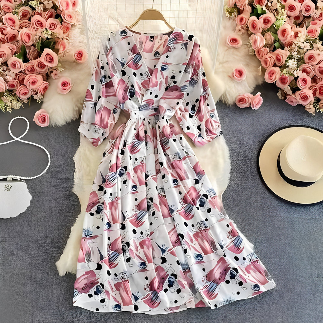Floral Chiffon Summer Dress with V-Neck and Puff Sleeve Detail