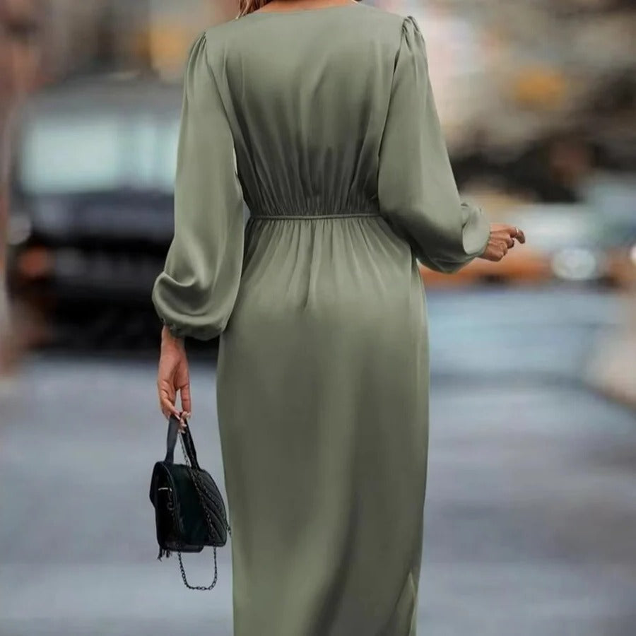 Women’s Long Sleeve V Neck Dress with Mid Length Hem