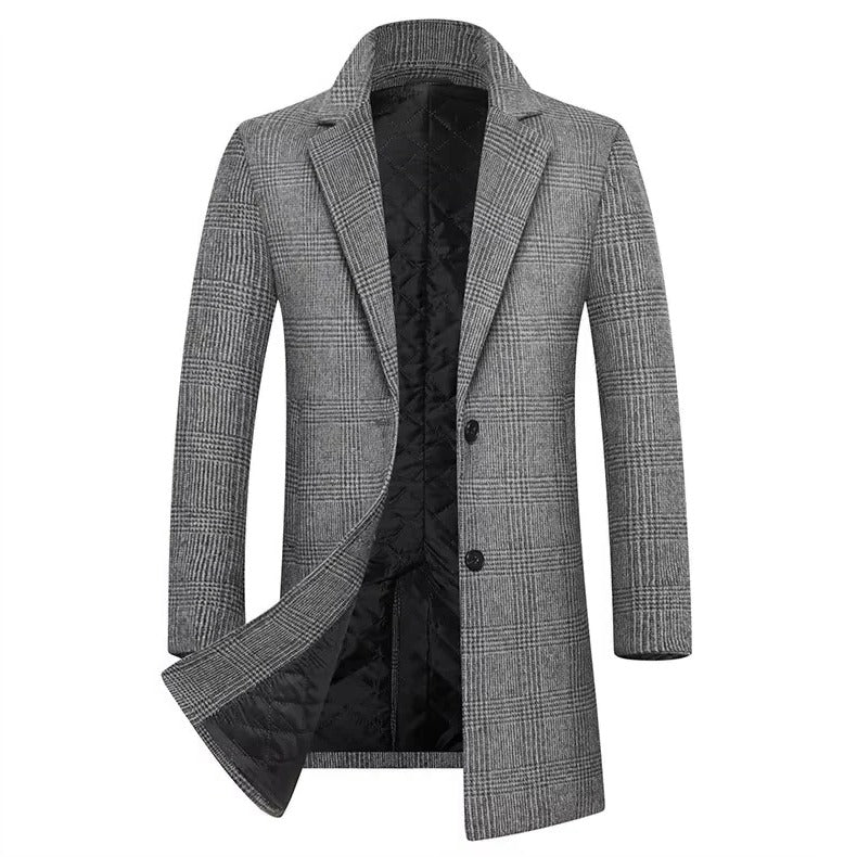 Men's Plaid Wool Coat with Cotton Padding and Lapel Collar