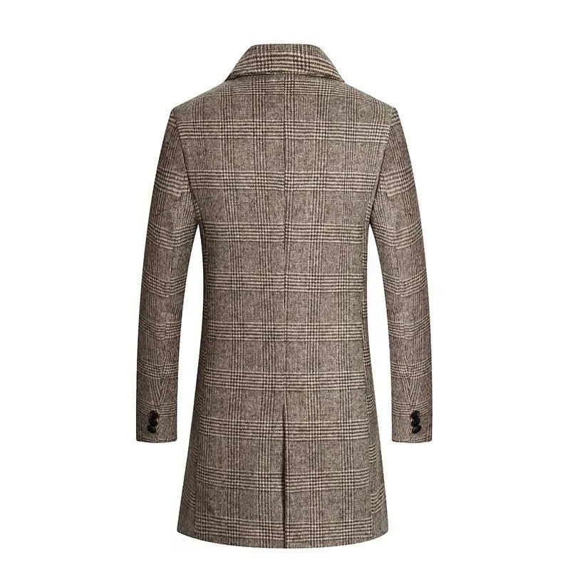 Men's Plaid Wool Coat with Cotton Padding and Lapel Collar