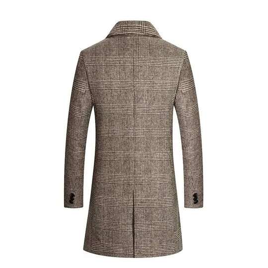 Men's Plaid Wool Coat with Cotton Padding and Lapel Collar