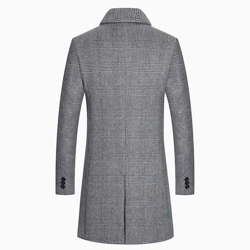 Men's Plaid Wool Coat with Cotton Padding and Lapel Collar