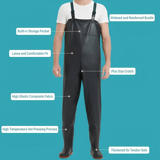 Water Resistant PVC Chest Waders with Adjustable Straps and Traction Boots