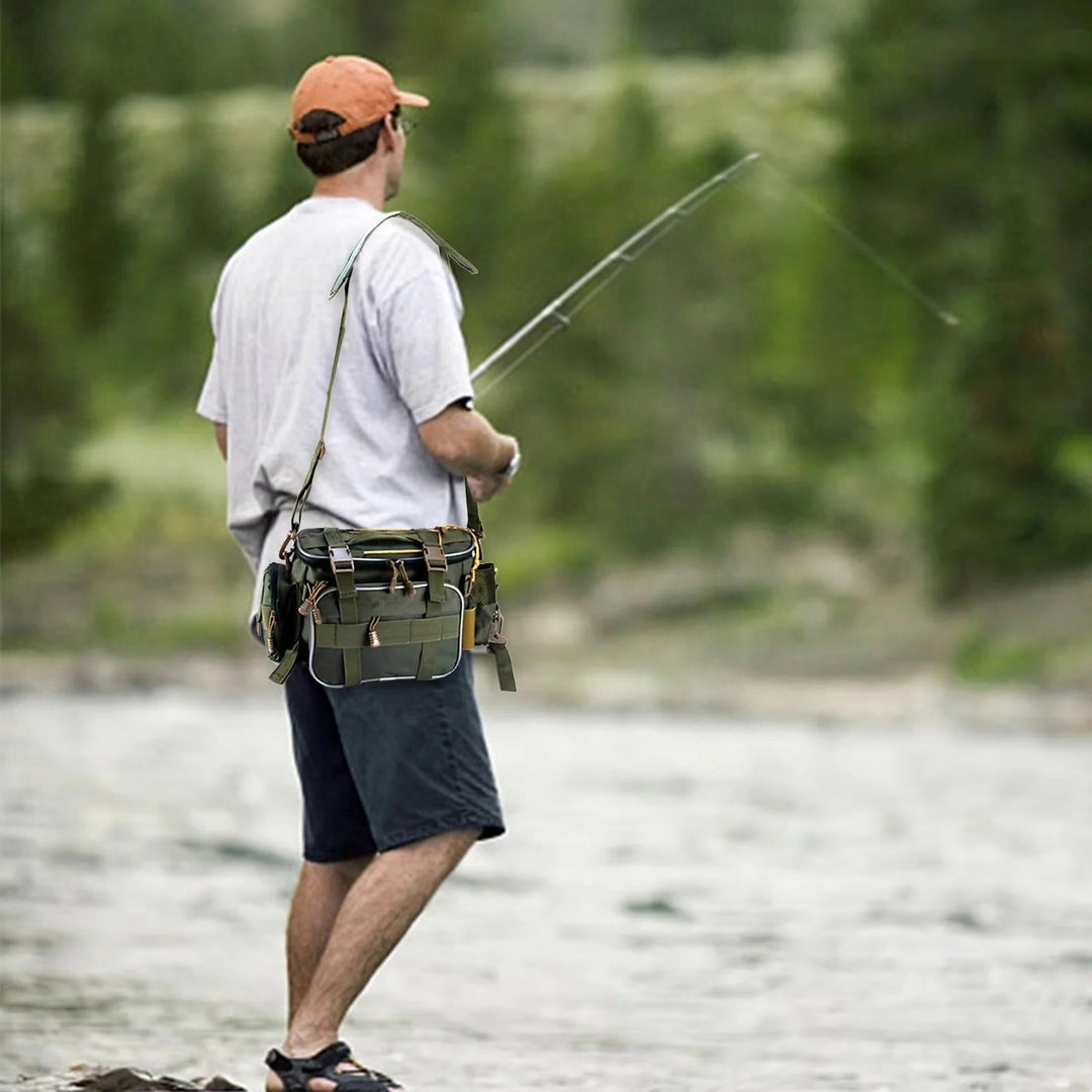 Fishing Gear Storage Bag with Multiple Compartments and Shoulder Strap