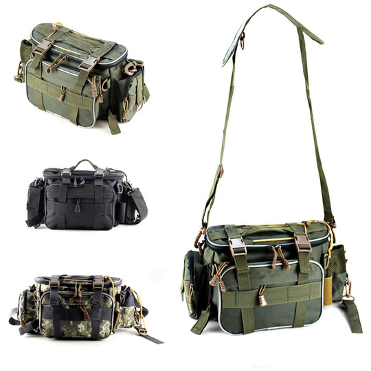 Fishing Gear Storage Bag with Multiple Compartments and Shoulder Strap