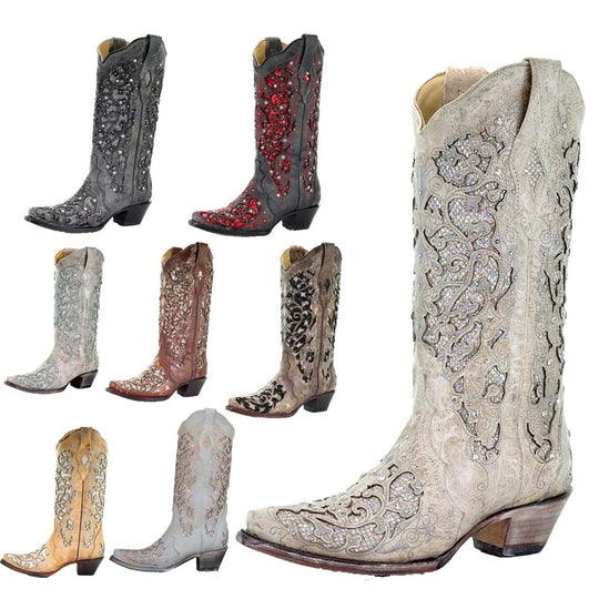 Sequined Embroidered Pointed Toe Boots with Colour Block Heel Design