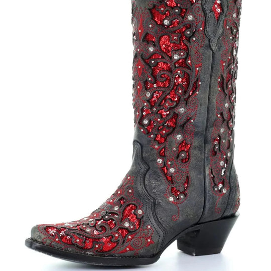 Sequined Embroidered Pointed Toe Boots with Colour Block Heel Design
