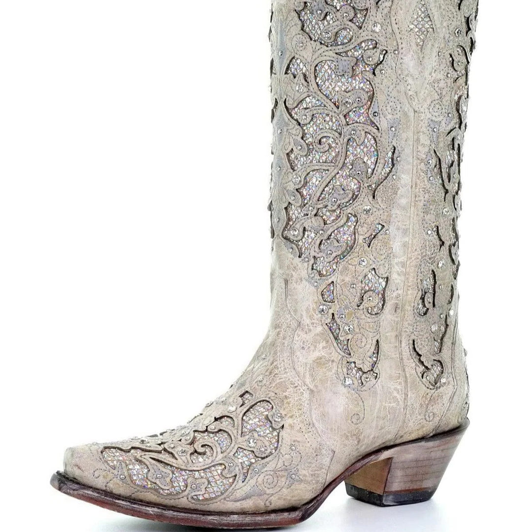 Sequined Embroidered Pointed Toe Boots with Colour Block Heel Design