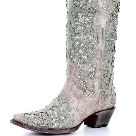 Sequined Embroidered Pointed Toe Boots with Colour Block Heel Design
