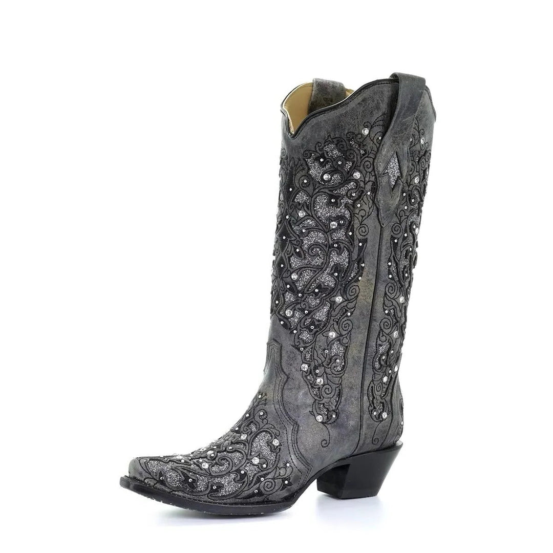 Sequined Embroidered Pointed Toe Boots with Colour Block Heel Design