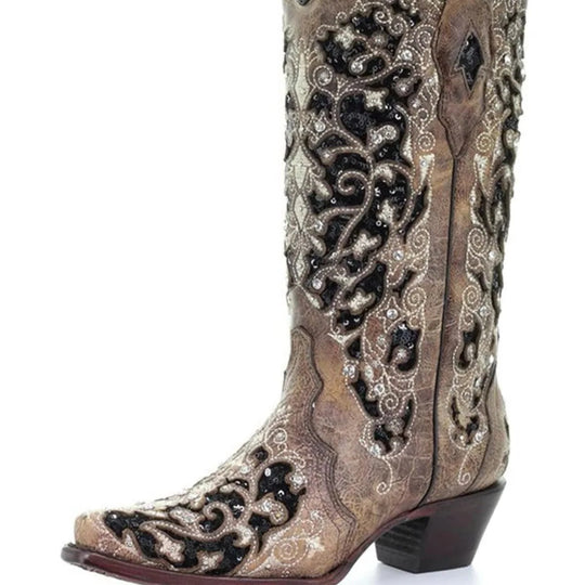 Sequined Embroidered Pointed Toe Boots with Colour Block Heel Design