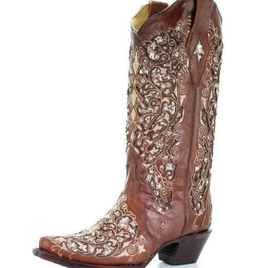 Sequined Embroidered Pointed Toe Boots with Colour Block Heel Design