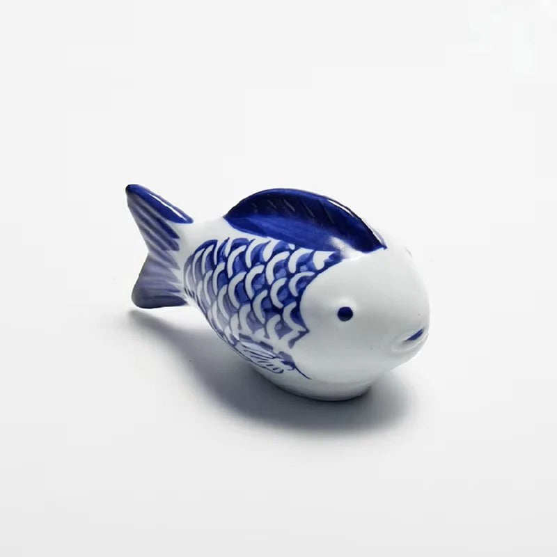 Porcelain Koi Fish Desktop Ornament with Blue and White Pattern