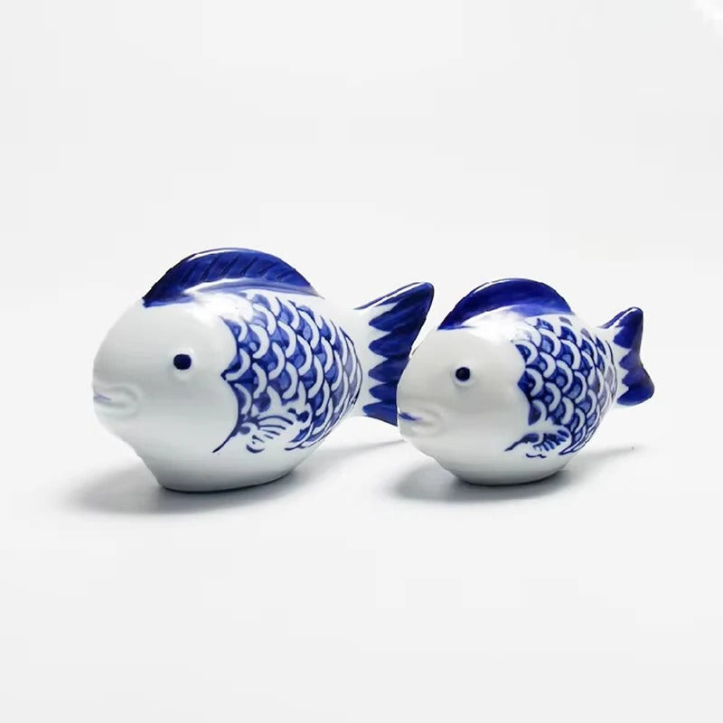 Porcelain Koi Fish Desktop Ornament with Blue and White Pattern