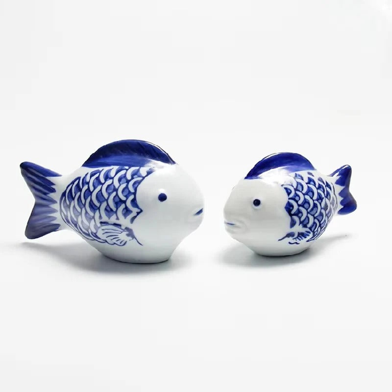 Porcelain Koi Fish Desktop Ornament with Blue and White Pattern