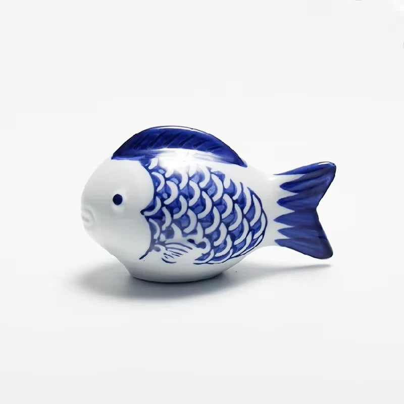 Porcelain Koi Fish Desktop Ornament with Blue and White Pattern