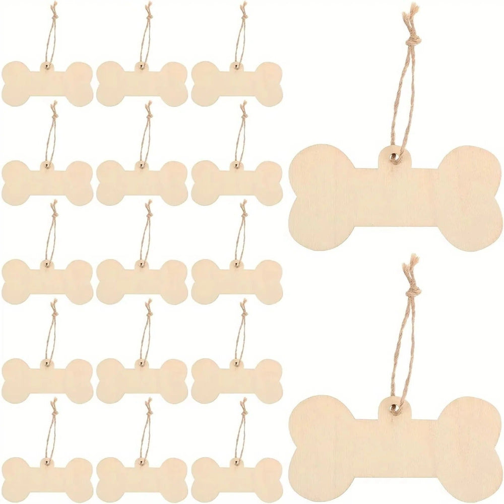 Wooden Dog Bone Craft Tags Set with Rope