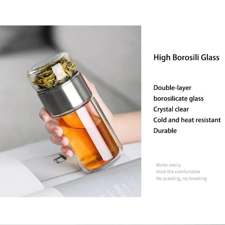 Double Wall Borosilicate Glass Tea Infuser Bottle, 430ml