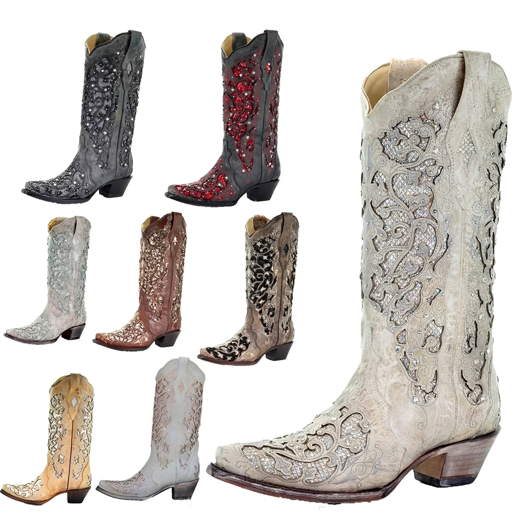 Embroidered Knee High Boots with Sequin Detail and Pointed Toe