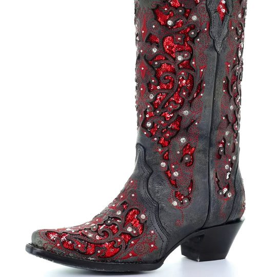 Embroidered Knee High Boots with Sequin Detail and Pointed Toe