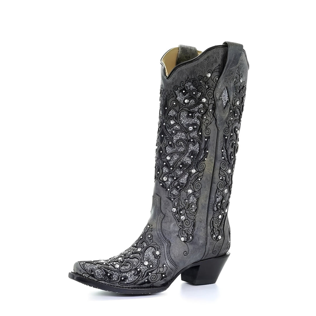 Embroidered Knee High Boots with Sequin Detail and Pointed Toe