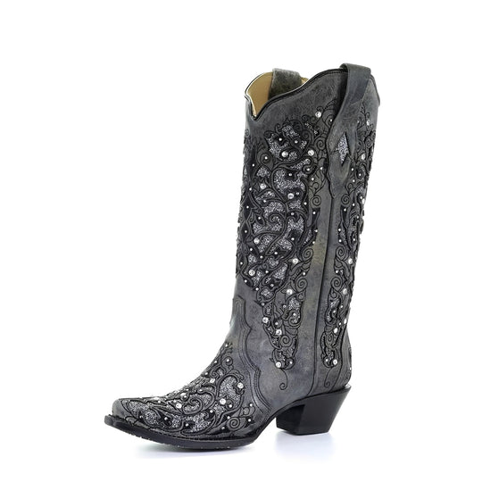 Embroidered Knee High Boots with Sequin Detail and Pointed Toe