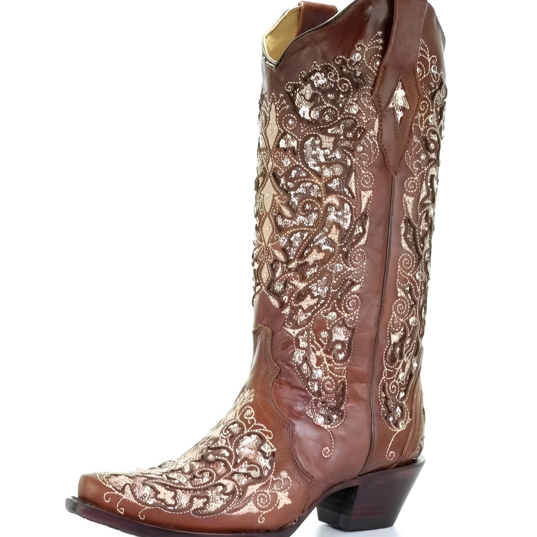 Embroidered Knee High Boots with Sequin Detail and Pointed Toe
