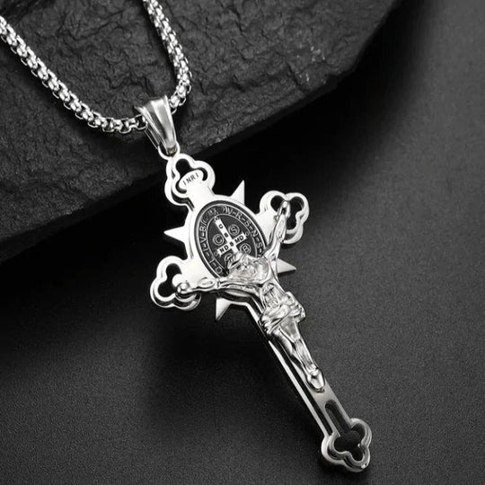 Celtic Cross Pendant Necklace, Double-Sided Engraved Medal with Metal Chain
