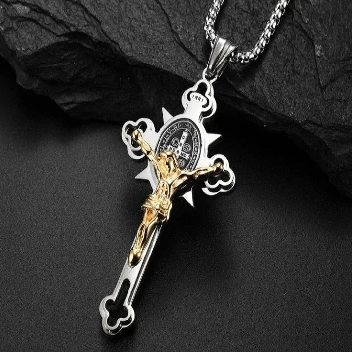 Celtic Cross Pendant Necklace, Double-Sided Engraved Medal with Metal Chain