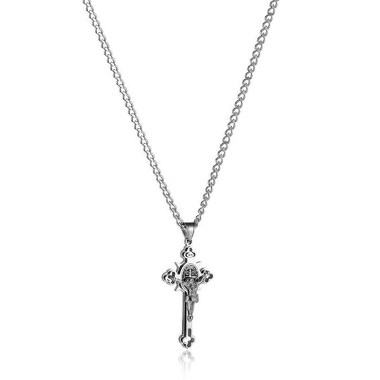 Celtic Cross Pendant Necklace, Double-Sided Engraved Medal with Metal Chain