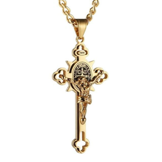 Celtic Cross Pendant Necklace, Double-Sided Engraved Medal with Metal Chain